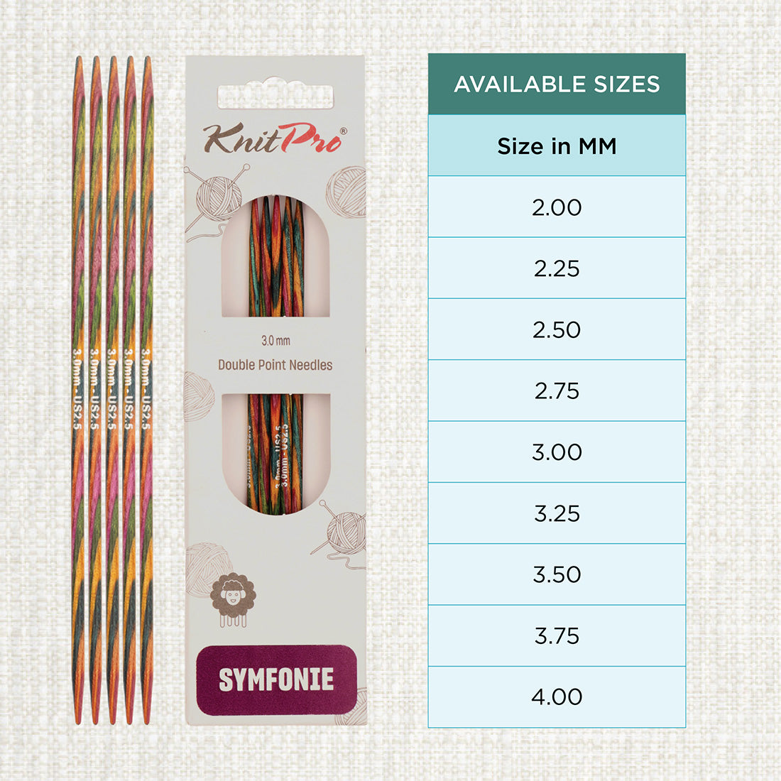 Set of 5 KnitPro Symfonie 3.00mm wooden double pointed needles