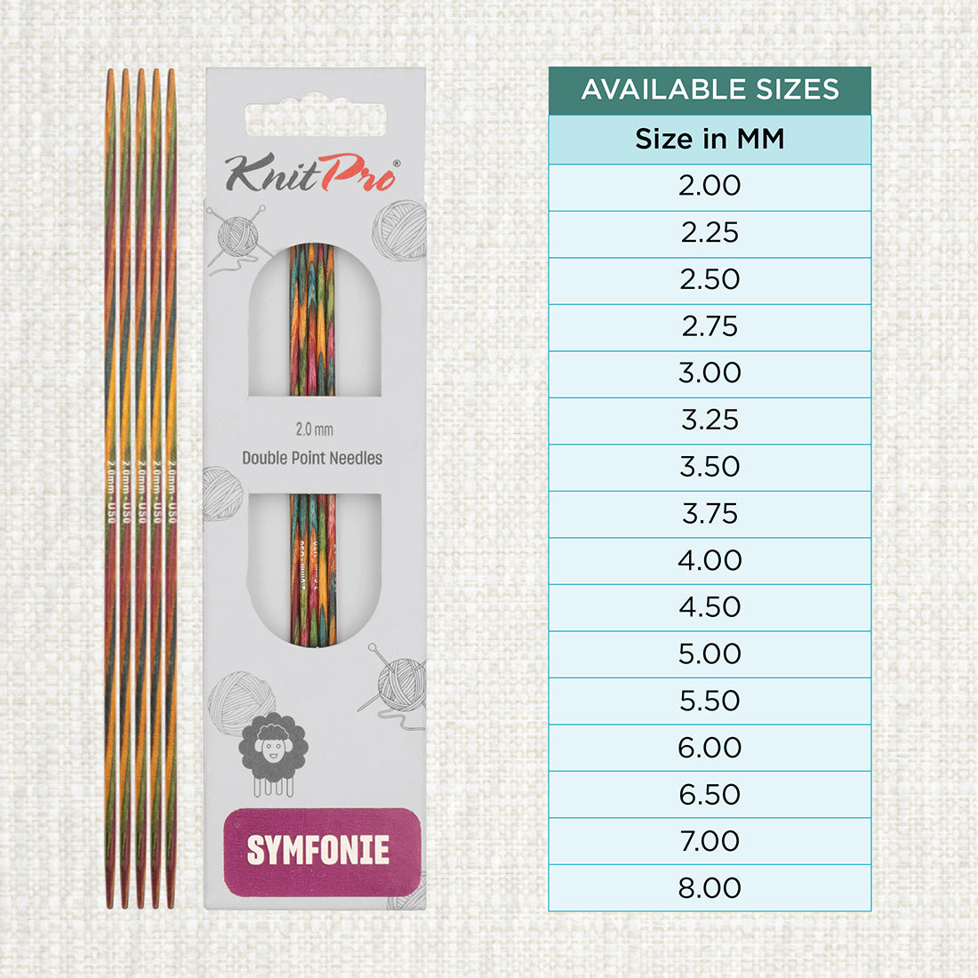 Set of 5 KnitPro Symfonie 2.00mm wooden double pointed needles