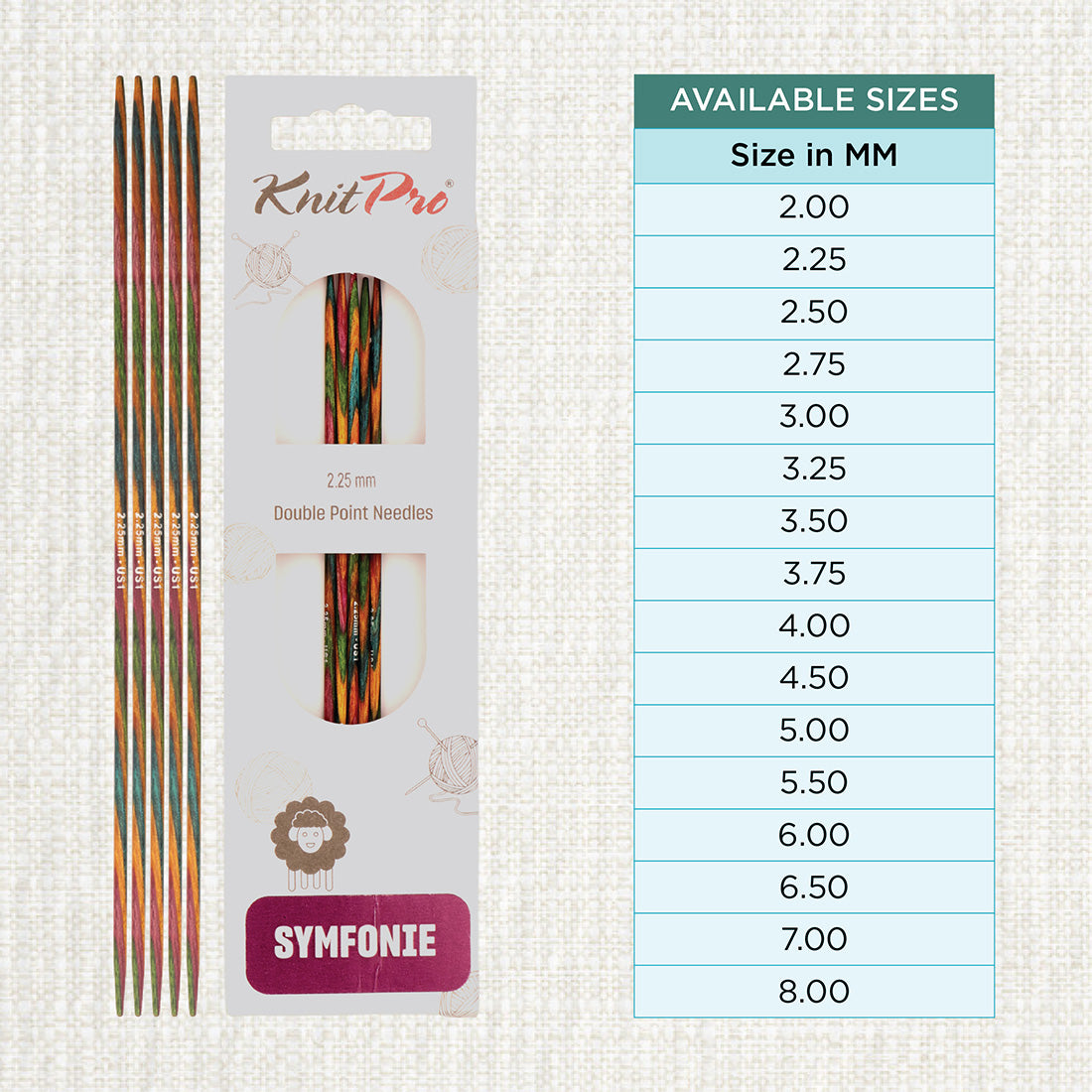Set of 5 KnitPro Symfonie 2.25mm wooden double pointed needles