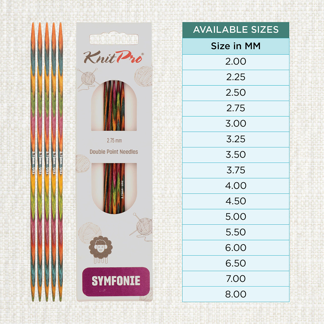 Set of 5 KnitPro Symfonie 2.75mm wooden double pointed needles