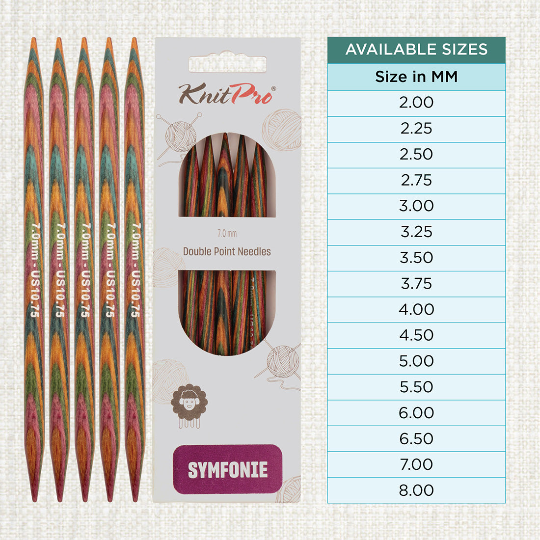 Set of 5 KnitPro Symfonie multi-coloured wooden double-pointed knitting needles, 7mm