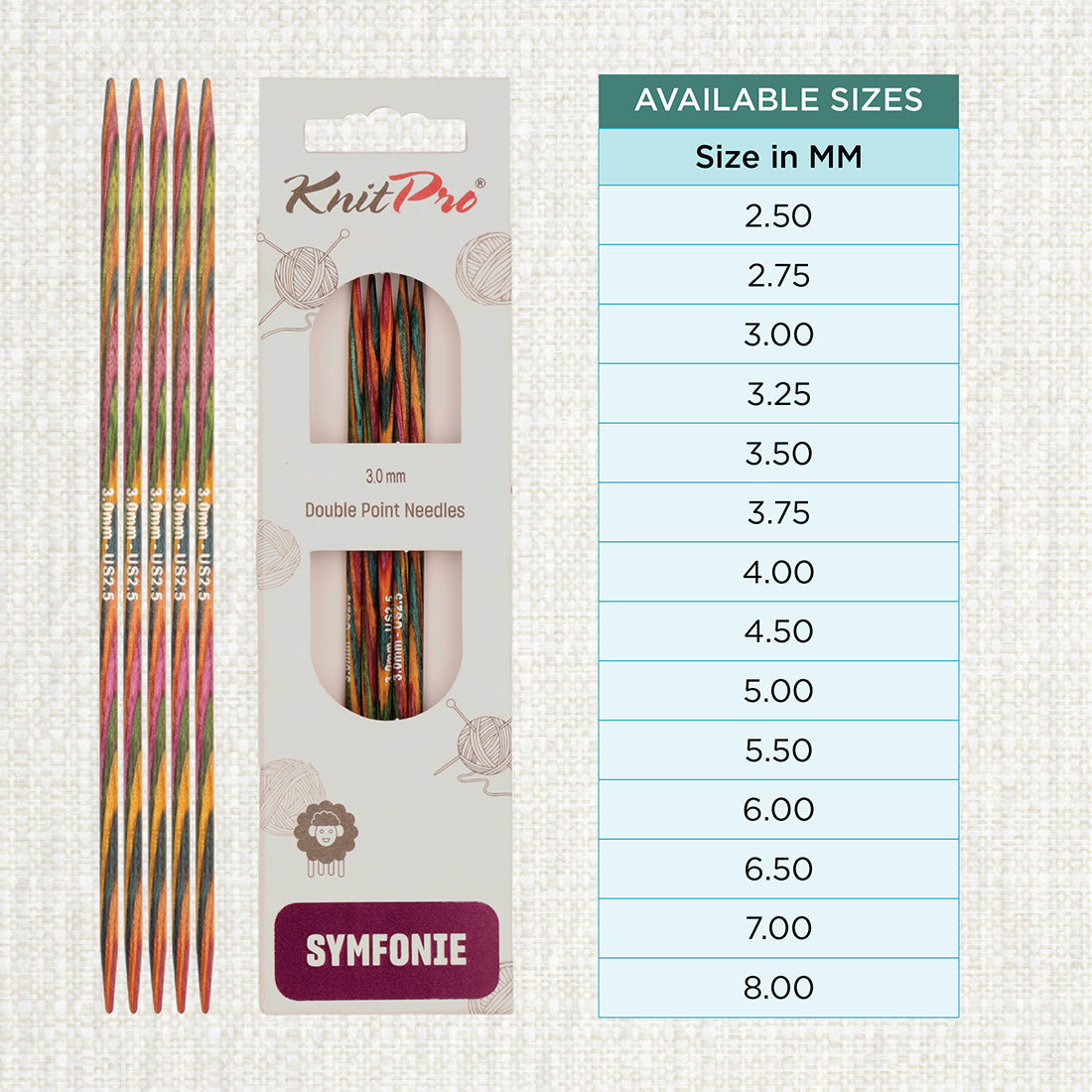Set of 5 KnitPro Symfonie multi-coloured wooden double-pointed knitting needles, 3mm