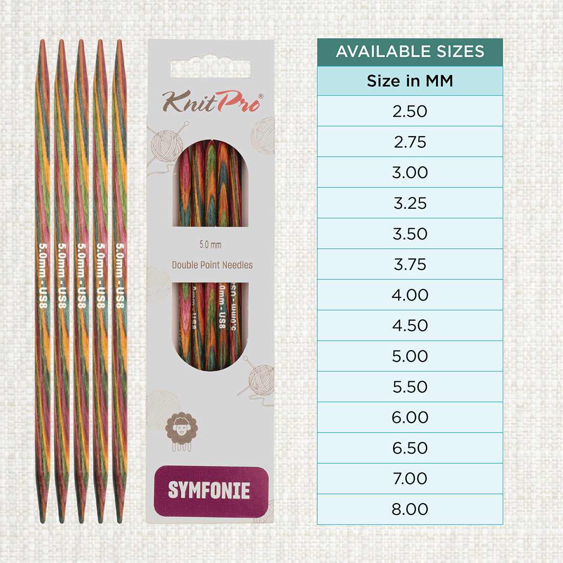 Set of 5 KnitPro Symfonie multi-coloured wooden double-pointed knitting needles, 5mm