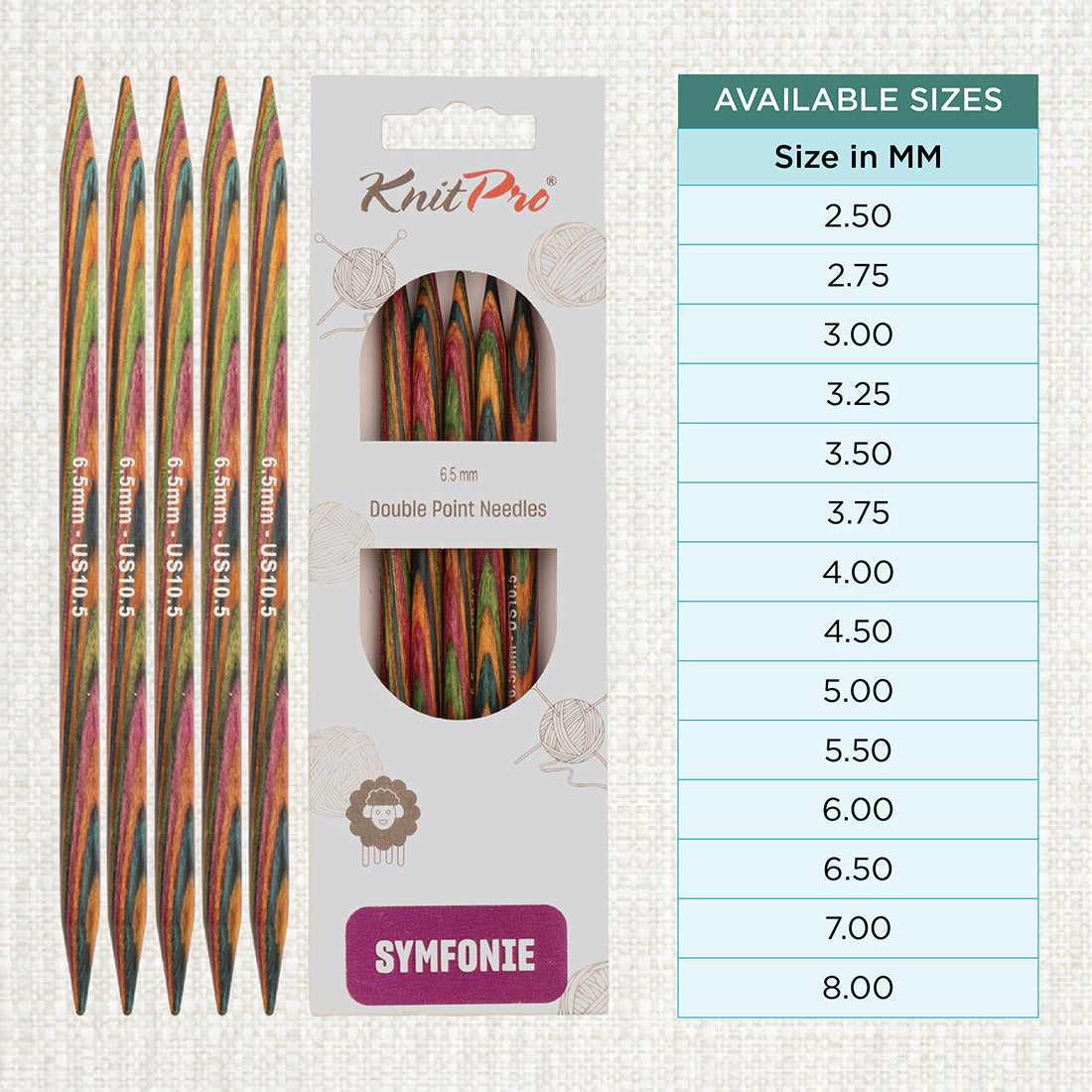 Set of 5 KnitPro Symfonie multi-coloured wooden double-pointed knitting needles, 6.5mm