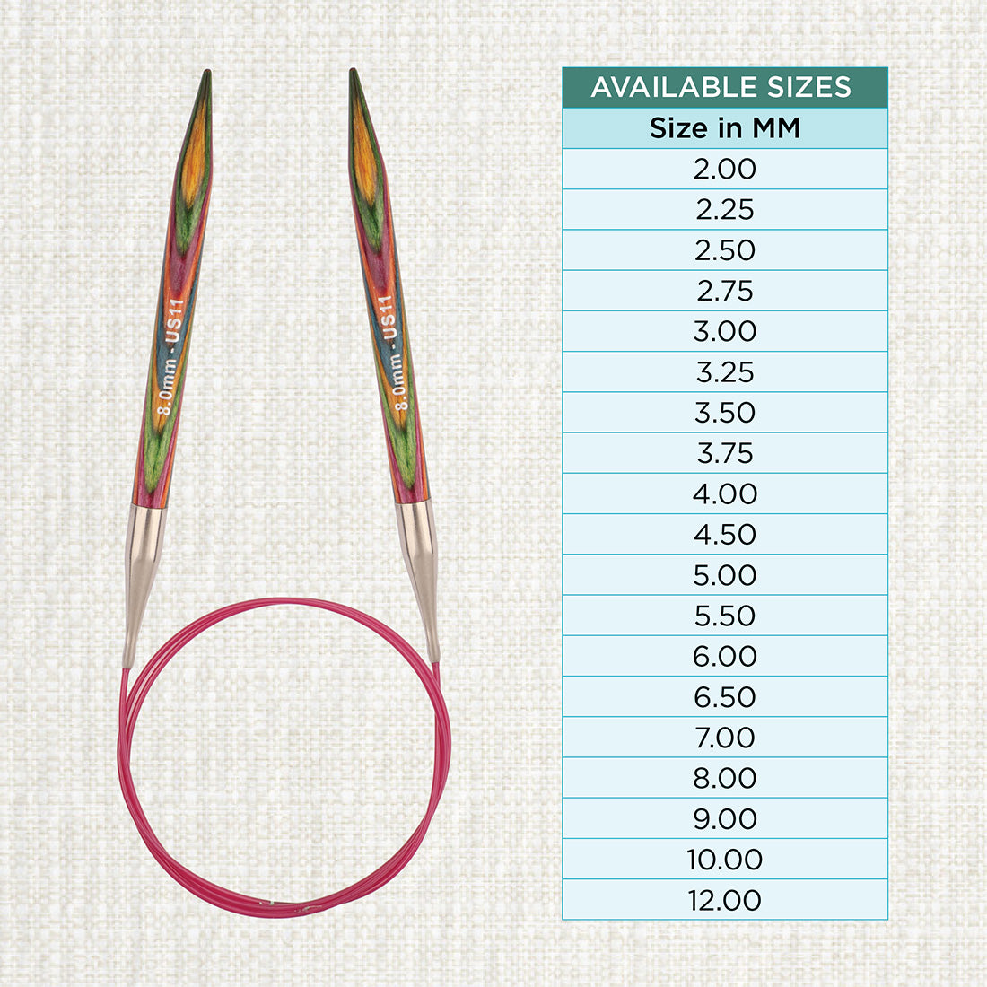 KnitPro Symfonie 8mm fixed circular knitting needle with birch wood tips and cable