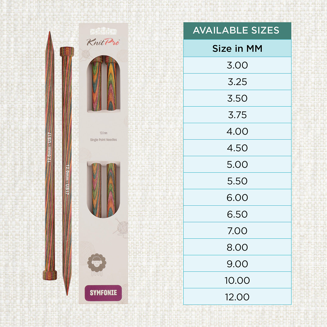 Pair of KnitPro Symfonie 12mm straight birch wood knitting needles, 25cm long