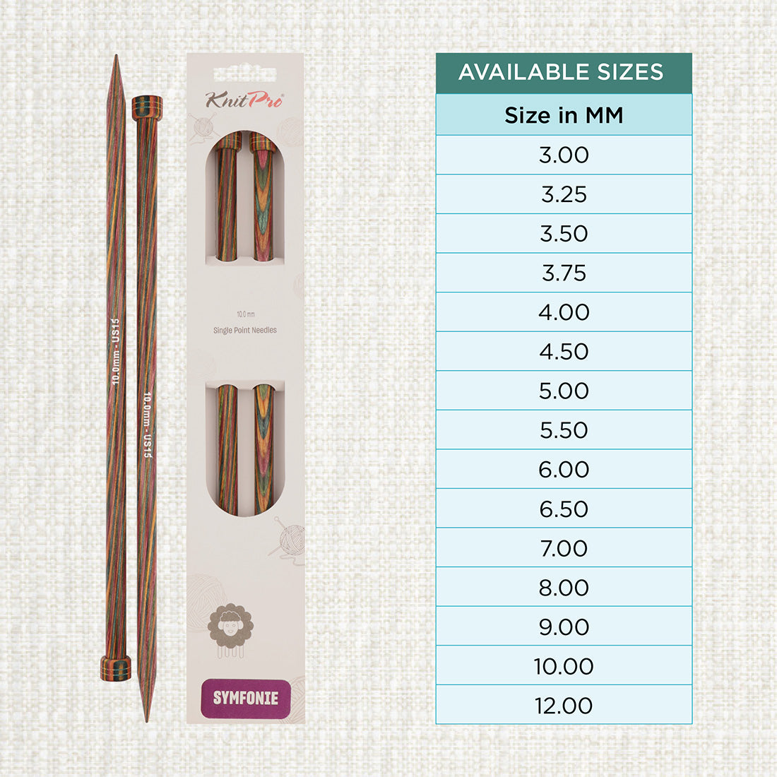Pair of KnitPro Symfonie 2 laminated birch wood straight knitting needles, 35cm, 10.00mm