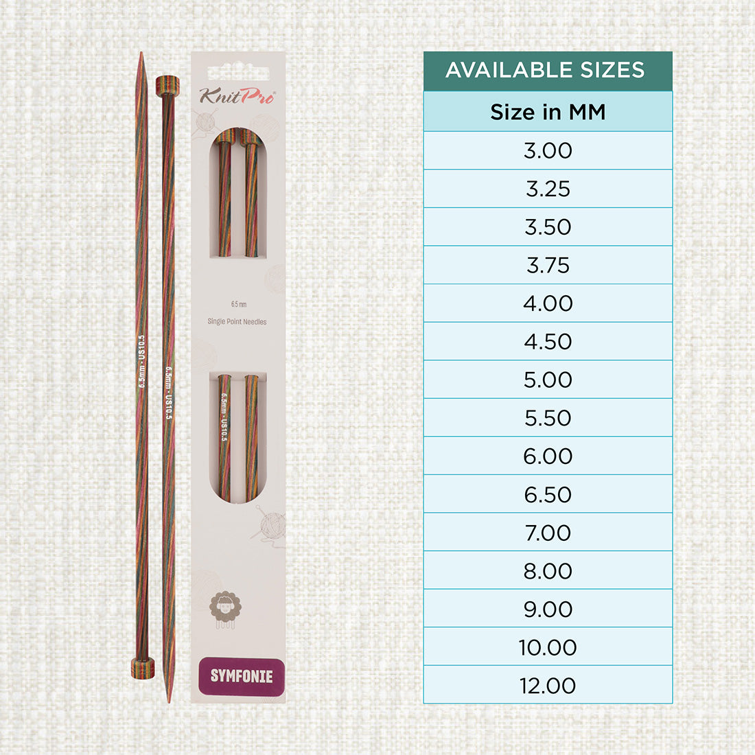 Pair of KnitPro Symfonie 2 laminated birch wood straight knitting needles, 40cm, 6.50mm