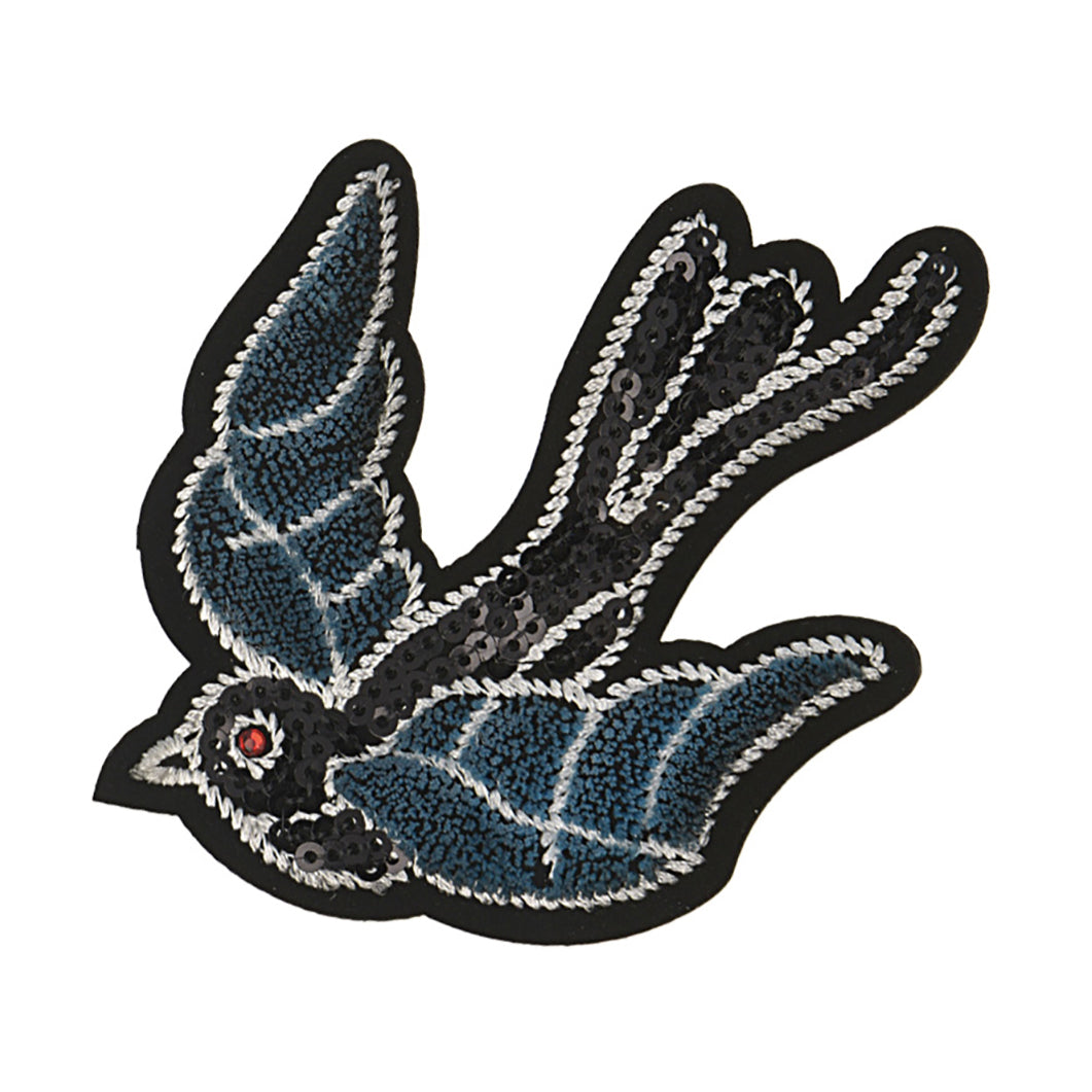 Embroidered blue bird iron-on motif