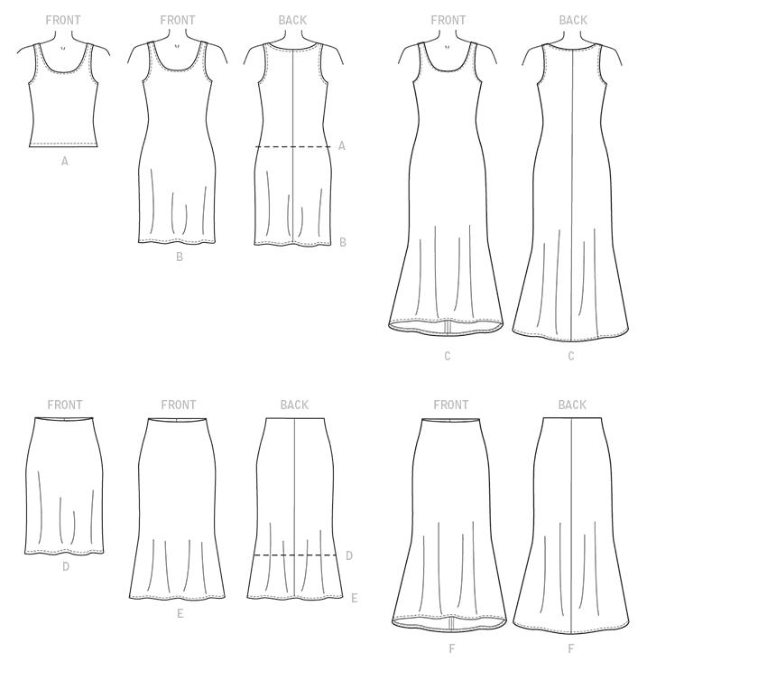 McCall's M7386 sewing pattern envelope showing a pullover top, dresses and pull-on skirts