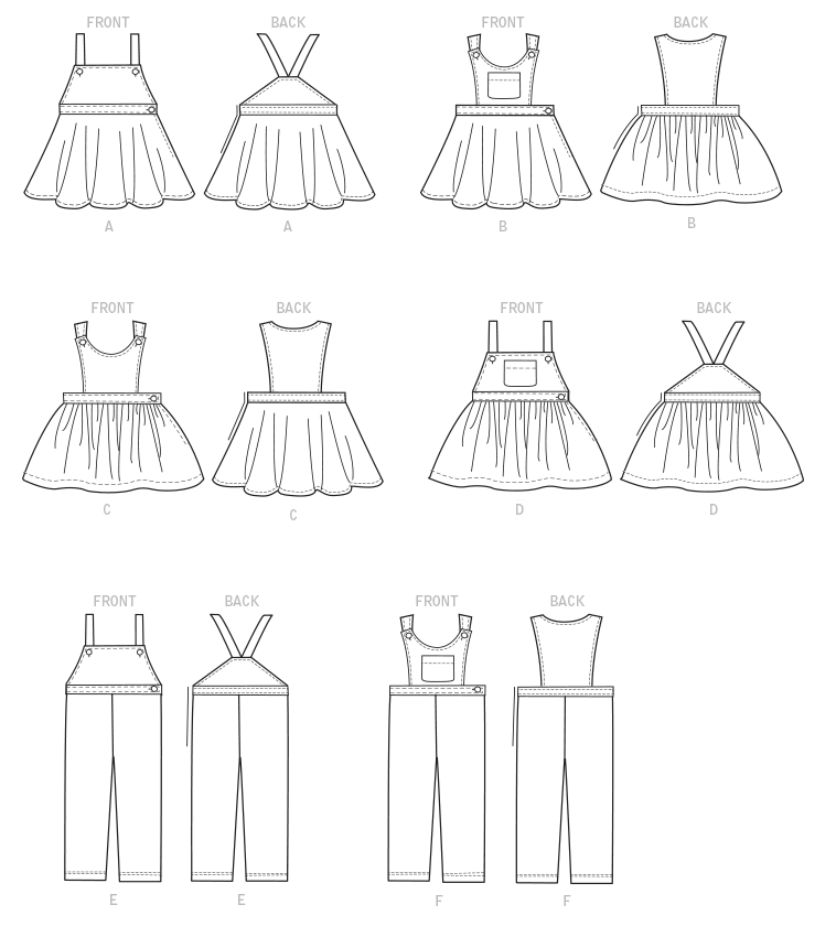 McCall's M7459 sewing pattern envelope showing pinafores and dungarees