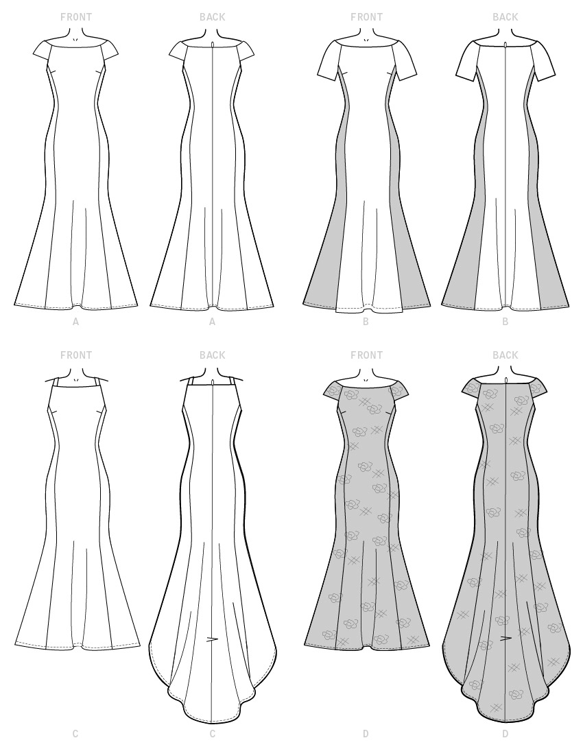 McCall's M7865 sewing pattern envelope showing lined floor-length dress designs