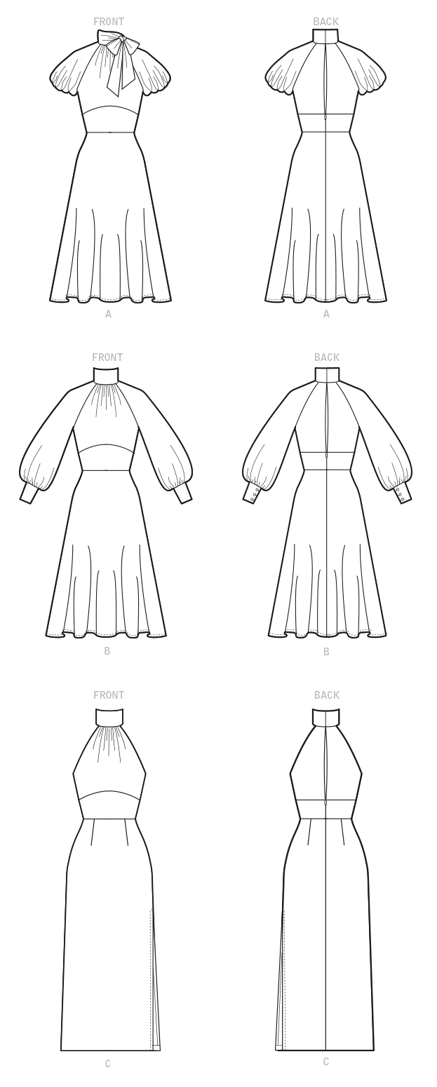 McCall's M8141 sewing pattern envelope showing the high neck dress designs