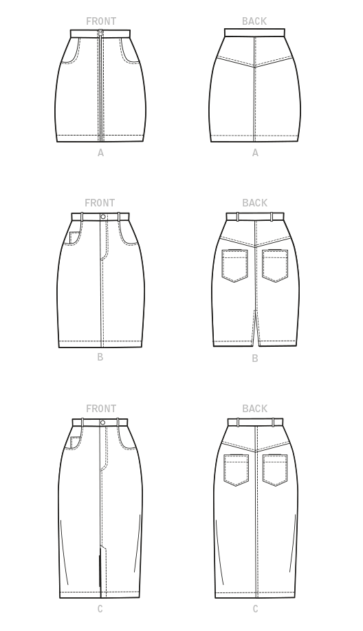 McCall's M8149 sewing pattern envelope showing the 5-pocket pencil skirt designs