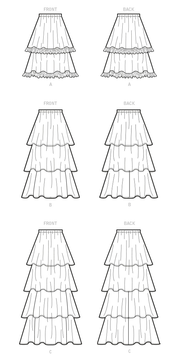 McCall's M8150 sewing pattern envelope showing the tiered flared skirt designs