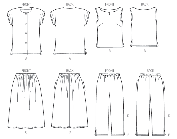 McCall's M8159 sewing pattern envelope showing the collarless button-down shirt designs