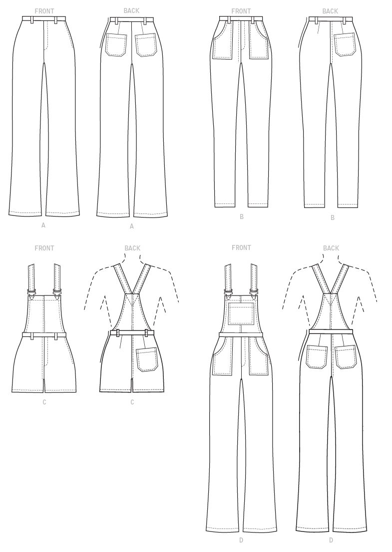 McCall's M8162 sewing pattern envelope showing close-fitting jeans and overalls