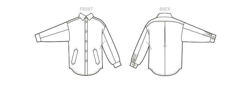 McCall's M8210 sewing pattern envelope showing a button-up shirt jacket (shacket)