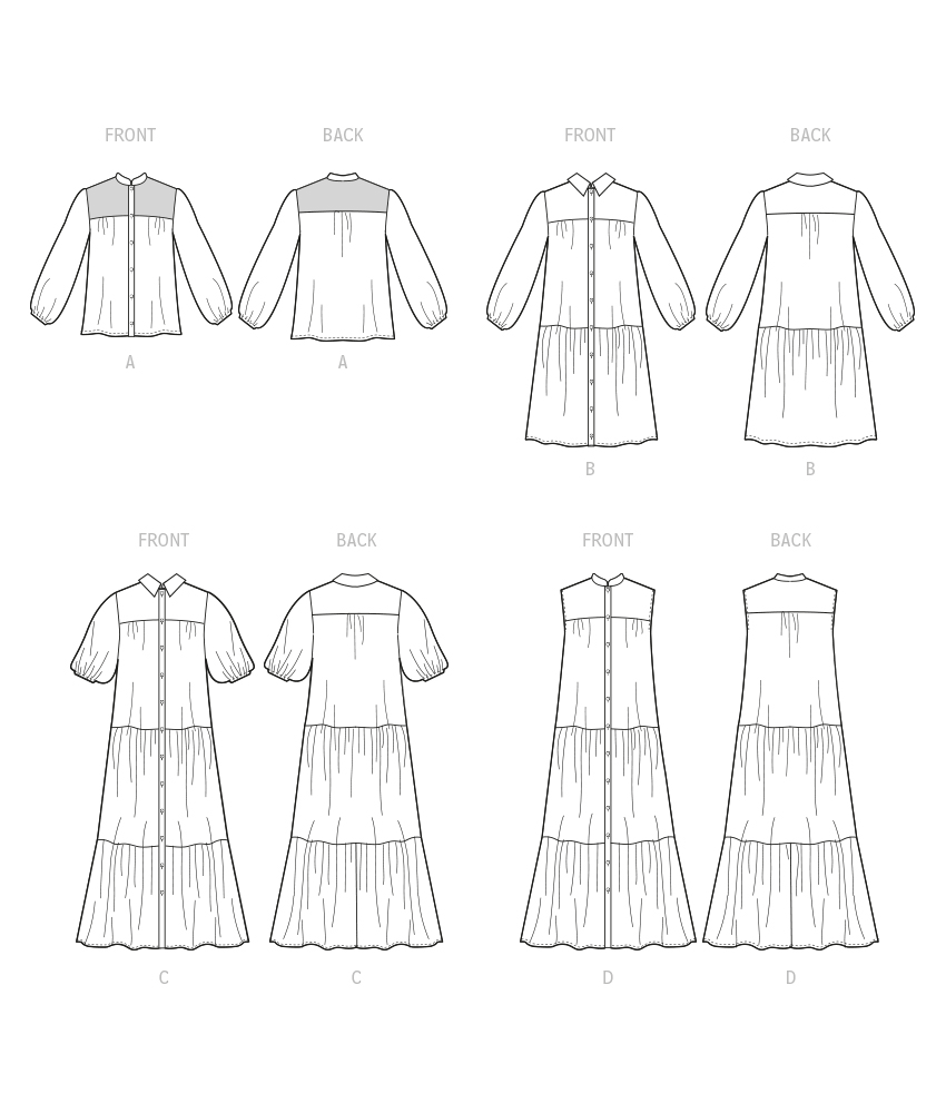 McCall's M8285 sewing pattern envelope showing tiered shirt dresses