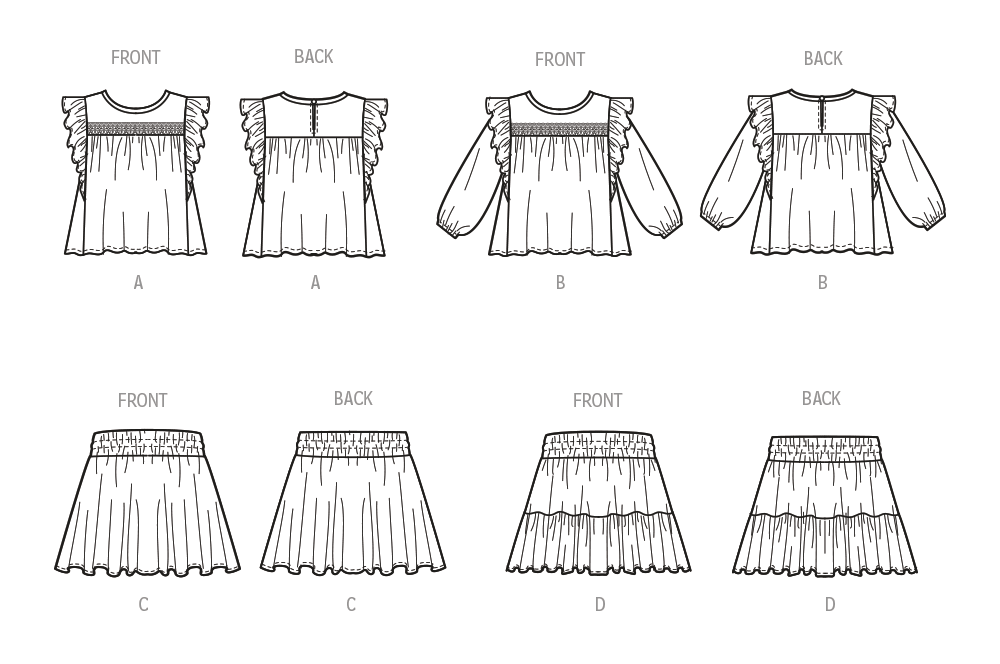 McCall's M8373 sewing pattern envelope showing a girls' top and skirt set