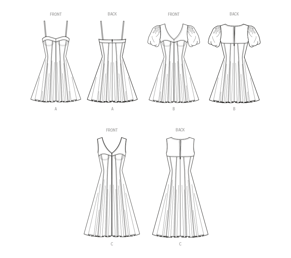 McCall's M8405 sewing pattern envelope showing fit and flare corset dress designs