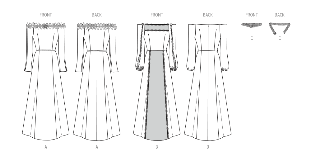 McCall's M8424 sewing pattern envelope showing long dress costume designs