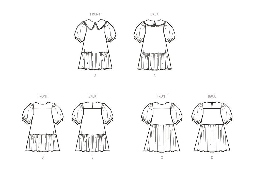 McCall's M8444 sewing pattern envelope showing girls' puff sleeve dress designs