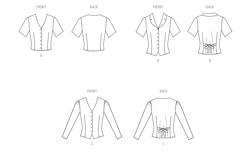 McCall's M8451 sewing pattern envelope showing women's button front tops designs