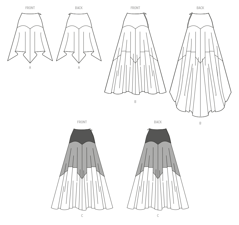 McCall's M8453 sewing pattern envelope showing women's bias yoke skirt designs