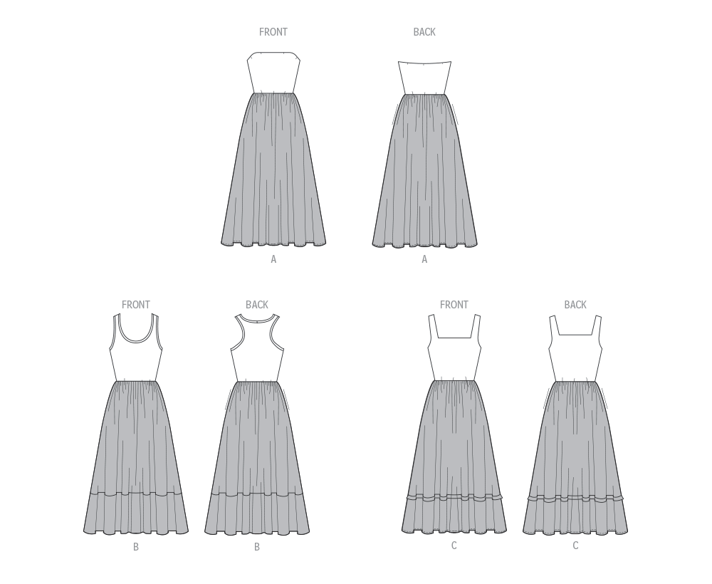 McCall's M8476 sewing pattern envelope showing misses' knit bodice dress designs