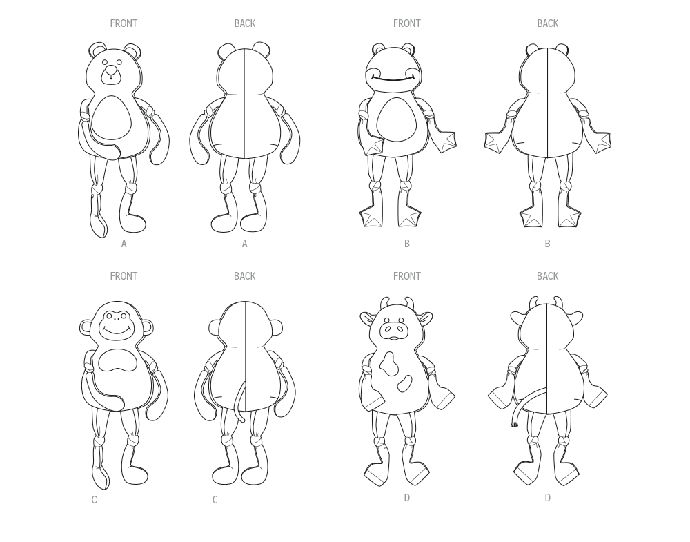 McCall's M8546 pattern envelope showing a stuffed bear, frog, monkey and cow