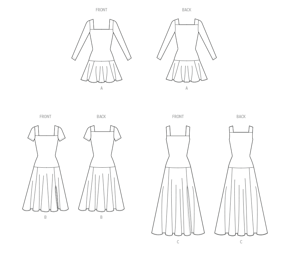 McCall's M8551 pattern envelope showing knit dresses with square necklines