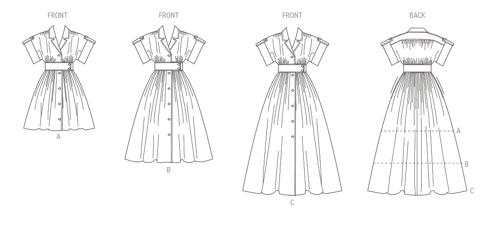 McCall's M8556 pattern envelope showing a button front dress with full skirt
