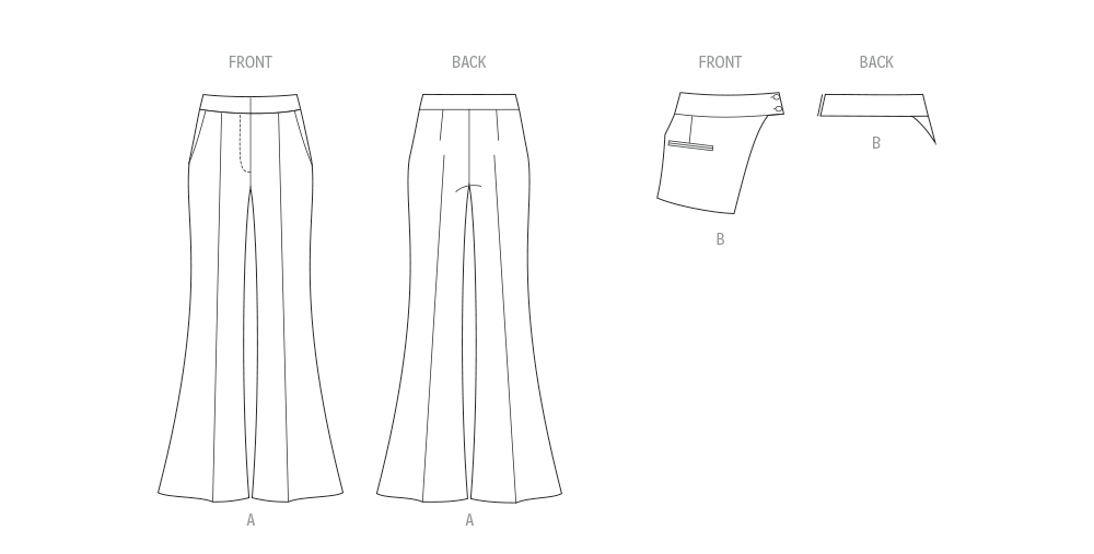 McCall's M8632 sewing pattern envelope showing semi-fitted, high-waist trousers with flared legs