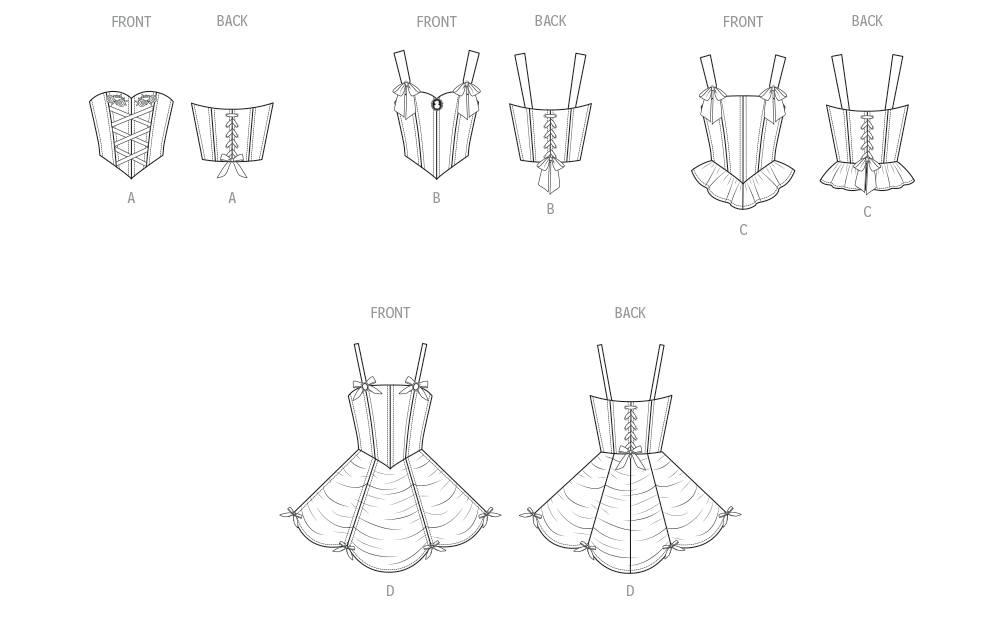 McCall's M8646 sewing pattern envelope showing lined, boned corsets