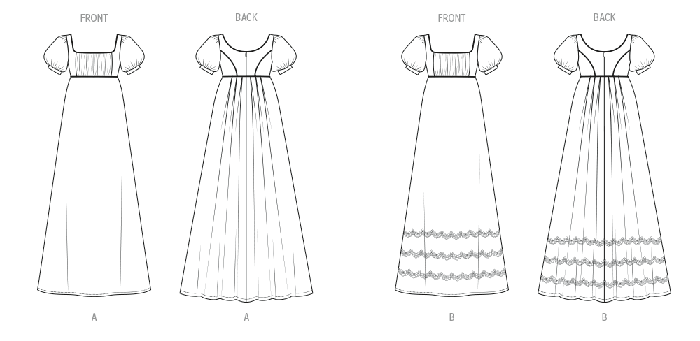 McCall's M8647 sewing pattern envelope showing Regency-inspired gowns