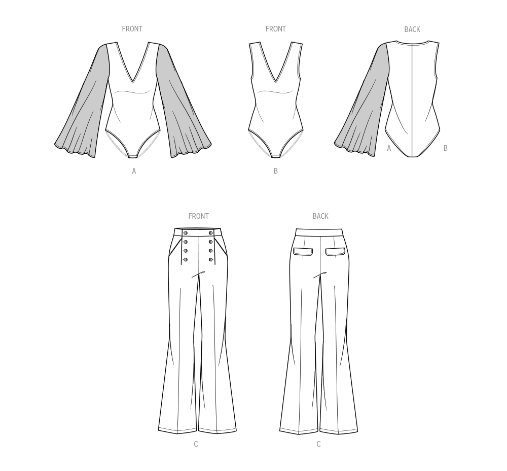 McCall's ME2043 sewing pattern envelope showing the deep v-neck bodysuit designs