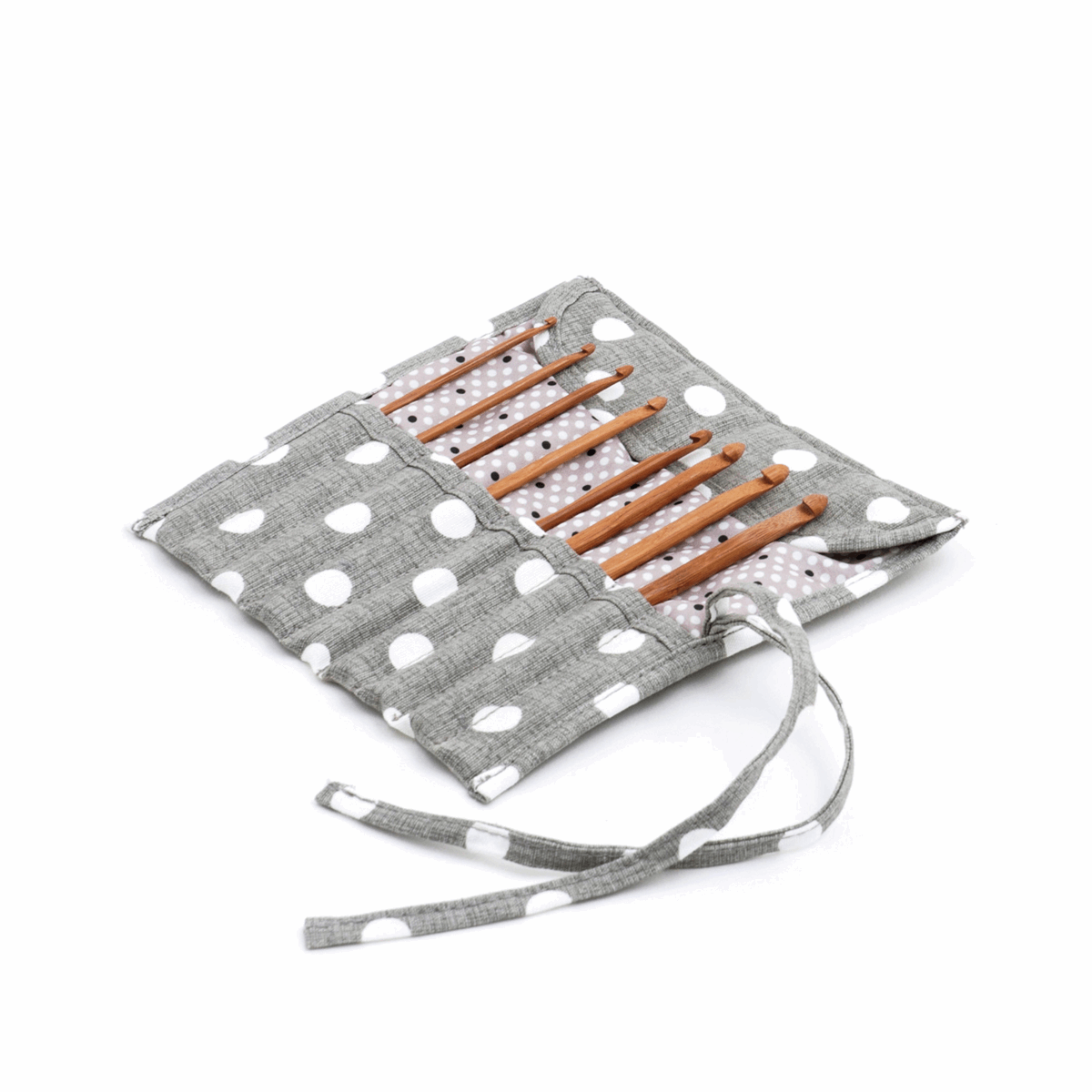 Filled Crochet Hook Roll - Grey Polka Dot