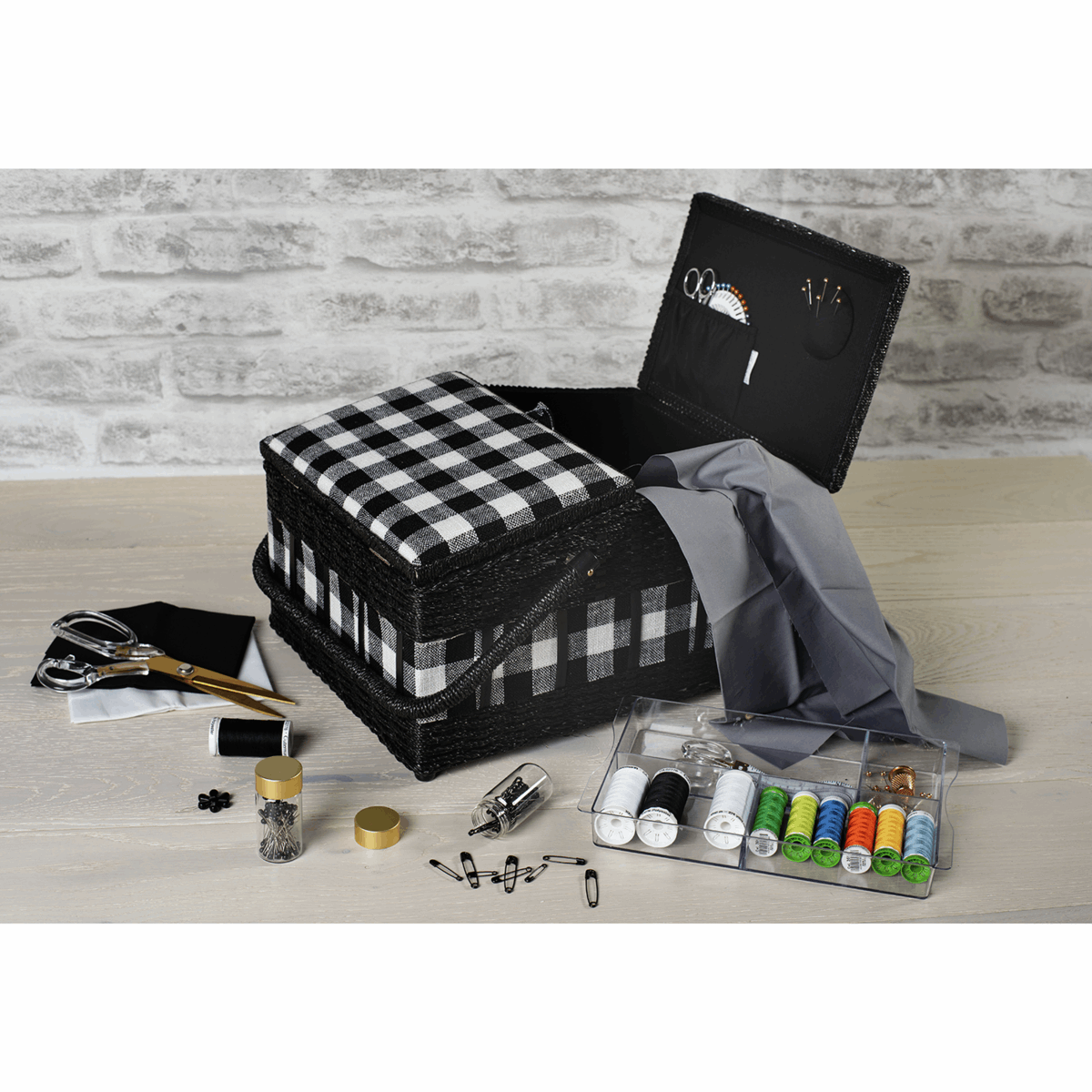 Monochrome Gingham Twin-Lidded Wicker Hamper Sewing Box - Large