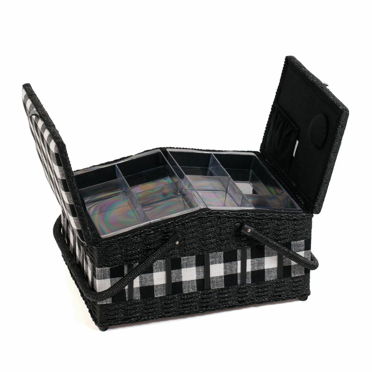 Monochrome Gingham Twin-Lidded Wicker Hamper Sewing Box - Large