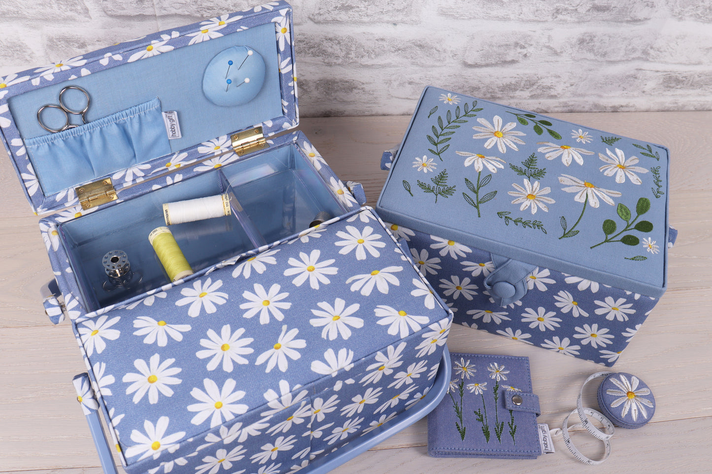 Denim Daisies with Twin Lid Sewing Box - Large