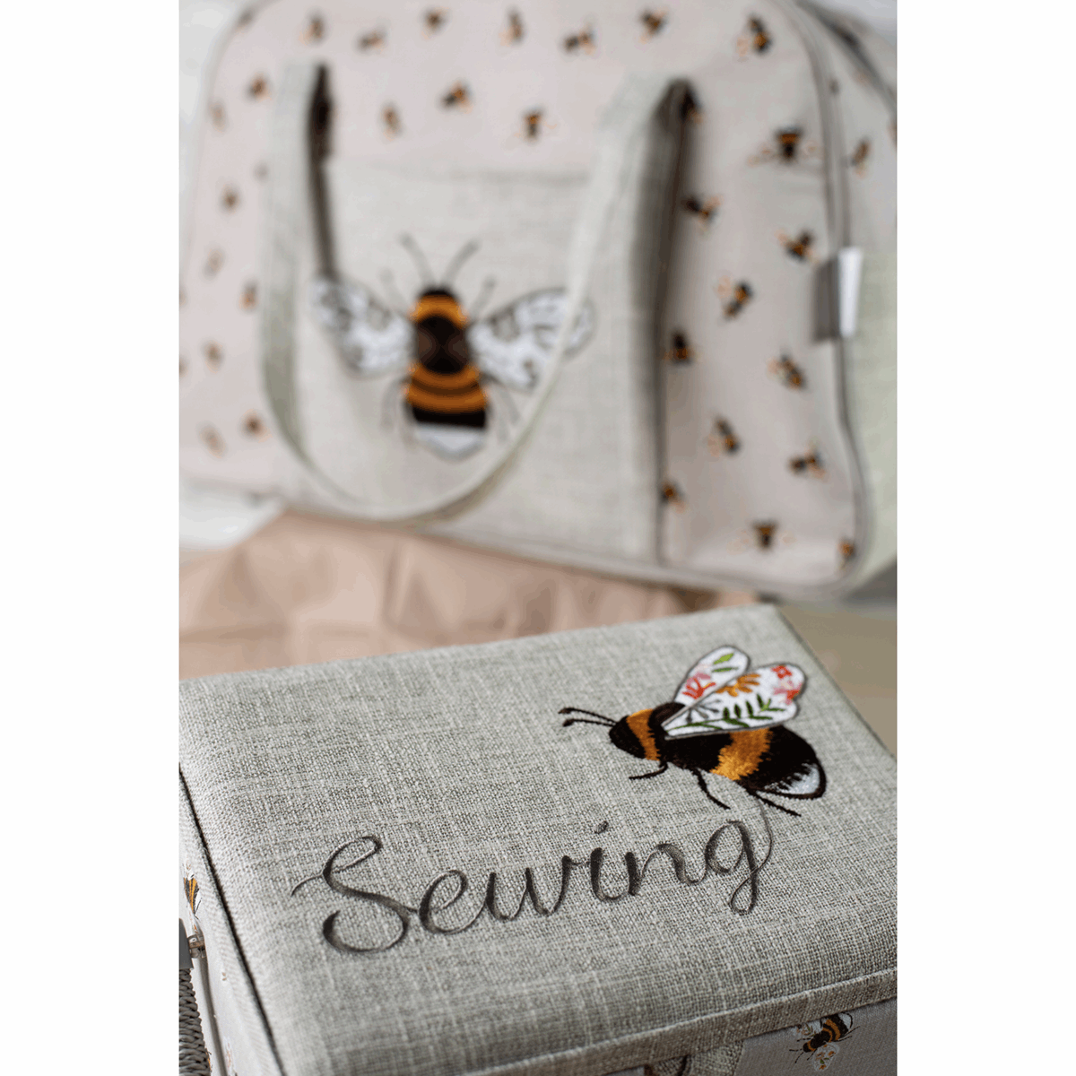 Bee Sewing Box with Embroidered Lid - Medium