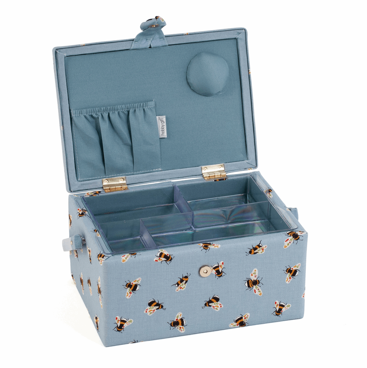 Blue Bees Sewing Box with Embroidered Lid - Medium