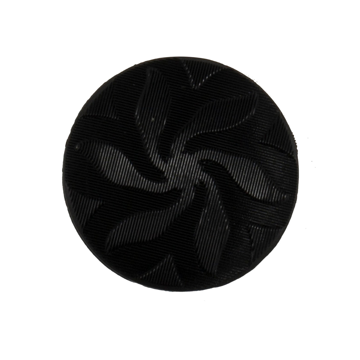 Large black round button with embossed leaf swirl pattern
