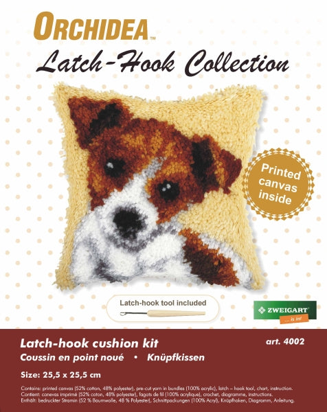 Finished latch hook cushion with jack russell design