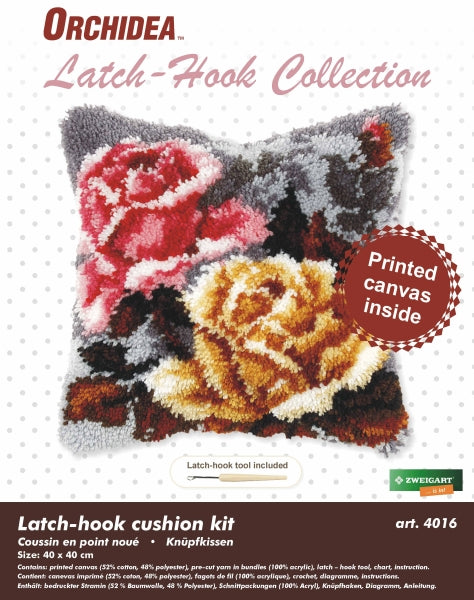 Finished latch hook cushion with double rose design