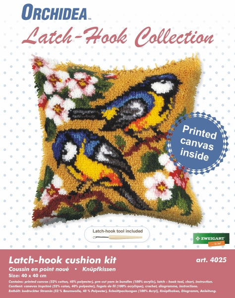 Finished latch hook cushion with blue tits design