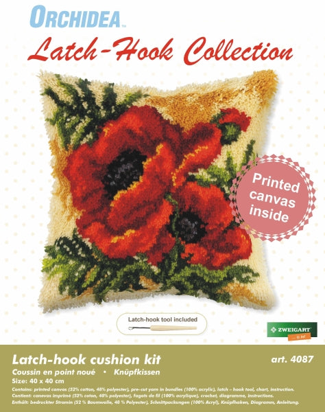 Finished latch hook cushion with red poppies on cream design