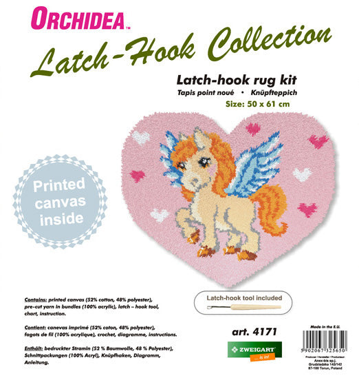 Finished Orchidea latch hook rug showing a unicorn