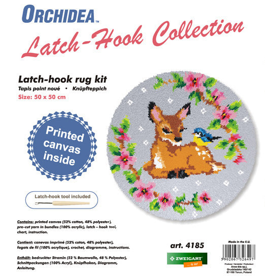 Orchidea latch hook rug kit showing a doe design